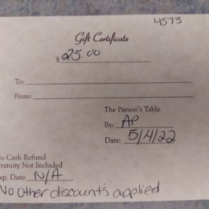 $25 Gift Certificate to The Parson’s Table